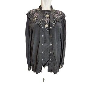 Mercedes & Adrienne VTG 1984 Beaded Silk Blouse Eyelet Boho Floral Black sz 10